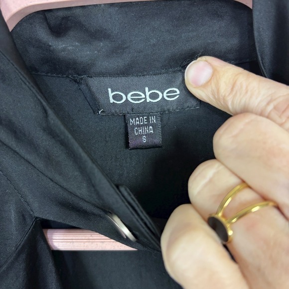 BEBE Black Satin Utility Jumpsuit Sz S Mock Neck Zip Tapered Leg Belted Y2K Goth - Picture 4 of 15